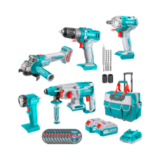 TALADRO ATORNILLADOR 3/8’’ + PISTOLA IMPACTO 1/2’’ + ROTOMARTILLO + AMOLADORA 4.1/2’’ + LINTERNA C/2 BATERÍAS 4.0AH + CARGADOR 20V TCKLI2019 – TOTAL