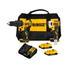 KIT TALADRO PERCUTOR 1/2’’ + ATORNILLADOR IMPACTO 1/4’’ 20V MAX S/CARBONES + 2 BATERÍAS 2.0AH + 1 CARGADOR DCK223D2-B2 – DEWALT